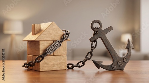 first home buyer loan stress concept. Wooden house model chained to a heavy anchor symbolizing debt burden.