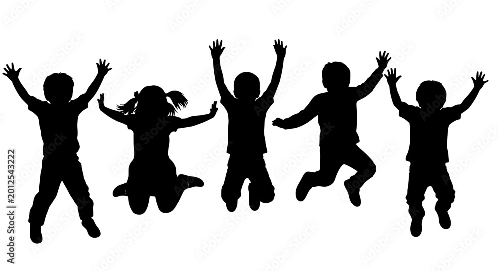 Fototapeta premium Children jumping up with arms raised in joyful playful black silhouettes featuring kids, happy, silhouette with vector and illustration elements for