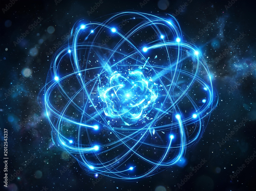 Fototapeta premium stylized glowing blue atom model with orbiting electrons representing nuclear energy and quantum physics.