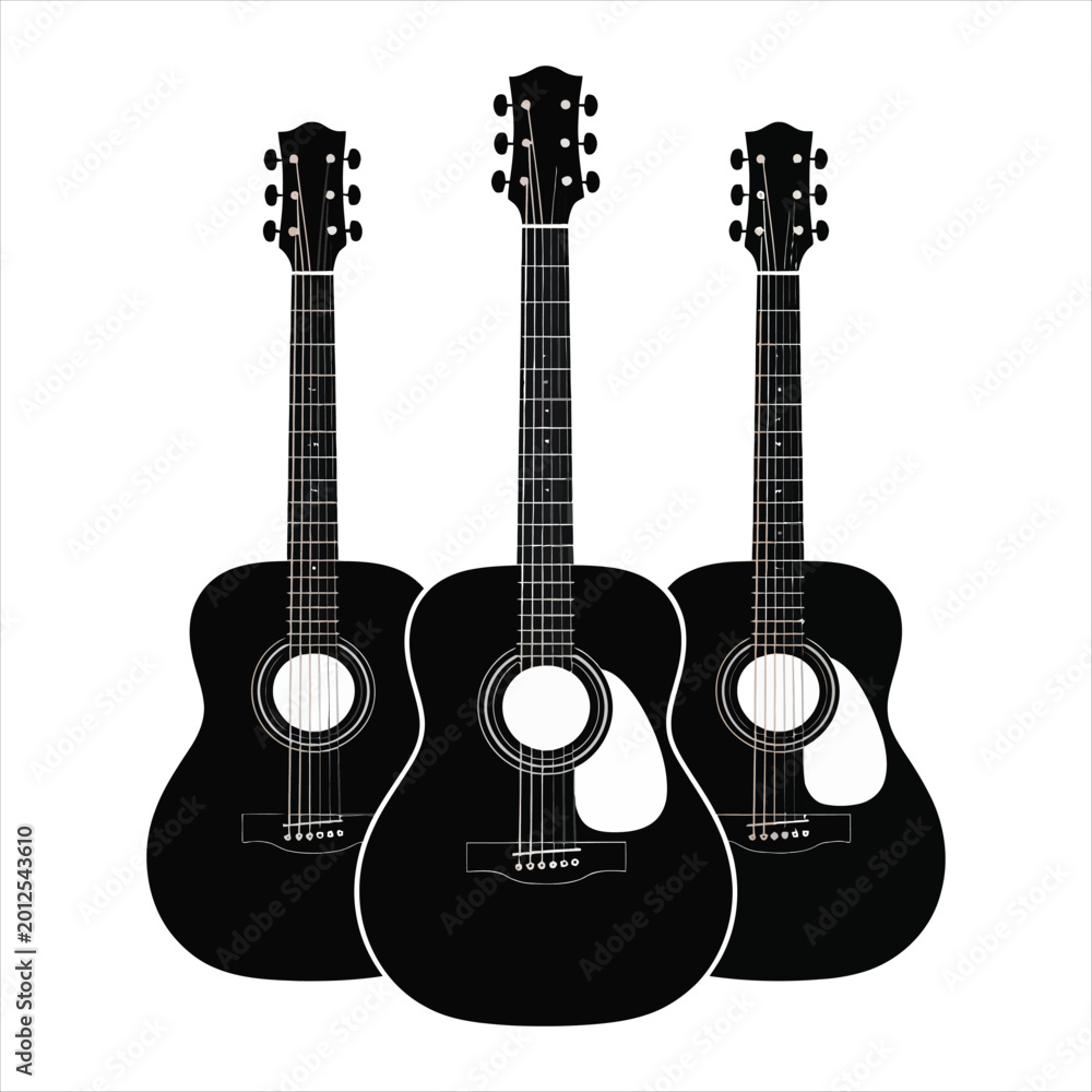 Obraz premium Three Black Acoustic Guitars Arranged Side by Side