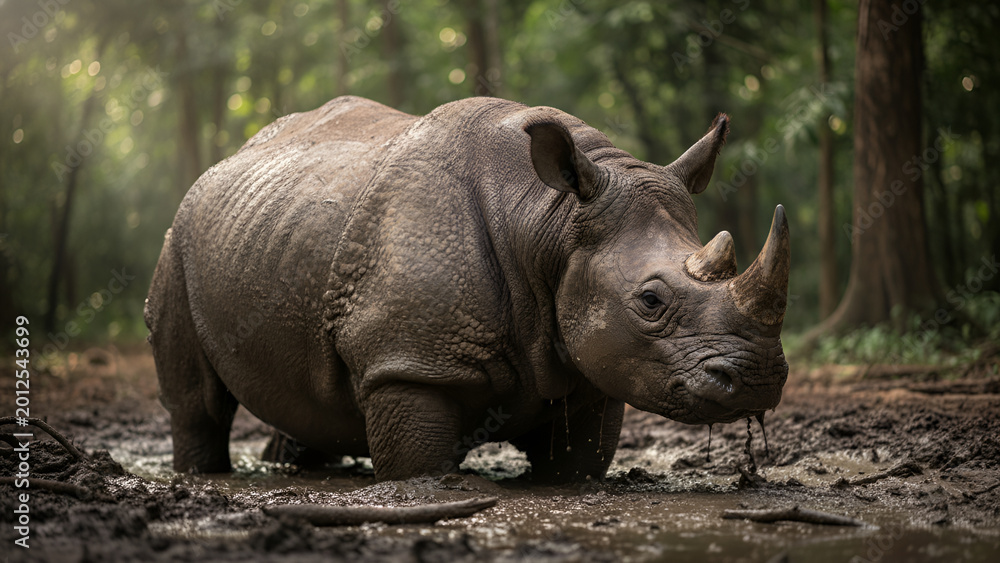 Fototapeta premium Rhinoceros in natural forest habitat outdoors.