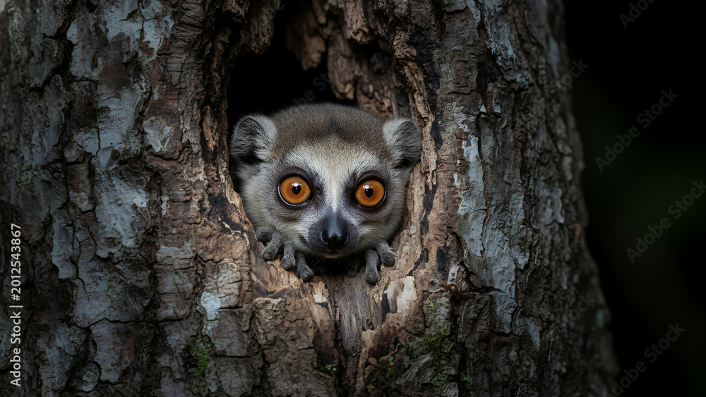 Fototapeta premium Ring-tailed lemur peeking from tree.
