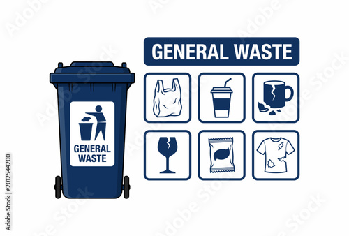Cuadro en lienzo Illustration of a blue general waste bin with various icons depicting common non-recyclable items for proper disposal and waste management