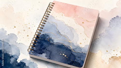 Artistic Spiral Notebook with Watercolor Abstract Cover, Elegant Gold Accents and Soft Pastel Background
