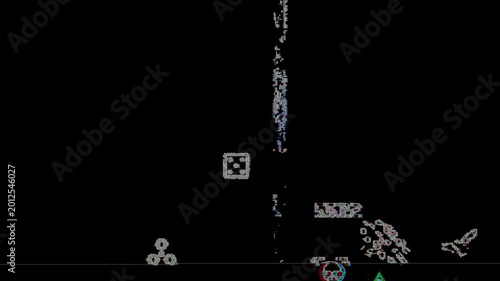 Smooth contour of signal loss with pixel technology icons. Analog horror is a transition from crashes to floating game resources. Retro-futuristic background interference with distorted data.