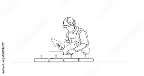 Minimal One Line Bricklayer Construction Worker Continuous Line Drawing Vector Illustration