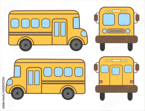 Cute yellow school bus vector illustration. Cartoon school bus in side, front and back view isolated on white background.Transportation for kids education, back to school design, sticker and nursery.