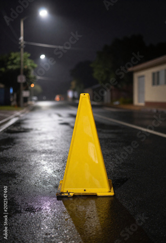 bright yellow crime scene marker contrasts sharply glossy wet asphalt street harsh glow streetlights