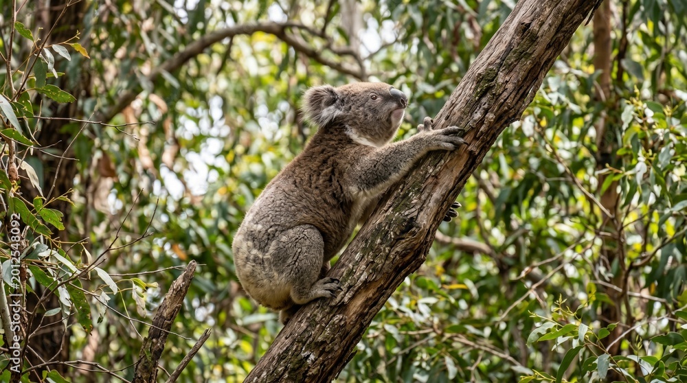 Obraz premium Cute Koala Climbing Eucalyptus Tree in Natural Habitat - Australia Wildlife