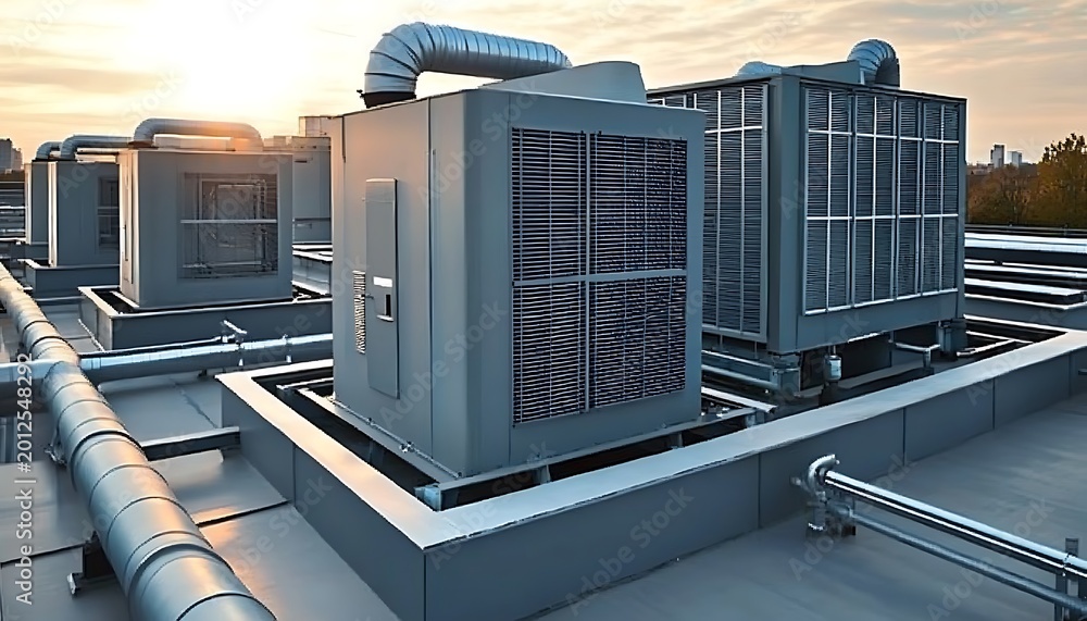 Fototapeta premium Industrial air conditioning units on rooftop with pipes sky sunset building equipment systems.