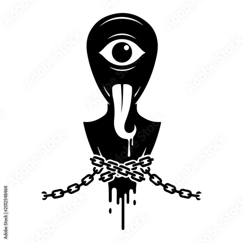 Obraz na plátně Alien monster head with cyclops eye and long tongue bound by chains in dark surr