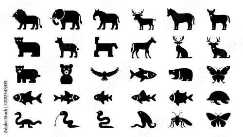 Animal Silhouette Collection, Mammals Birds Fish Insects Reptiles Vector Icon Set