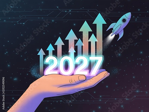 Futuristic hand holding glowing 2027 with upward arrows and a rocket, symbolizing growth, innovation, and success in a tech-driven future.
