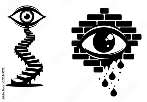 Billede på lærred Winding staircase leading to eye and brick wall with crying eye in surrealist st