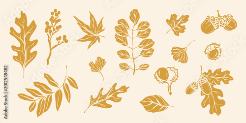 Flat vector yellow hand drawn leaves collection