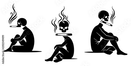 фотографія Human skeleton figures sitting and smoking cigarettes in dark surrealist stencil