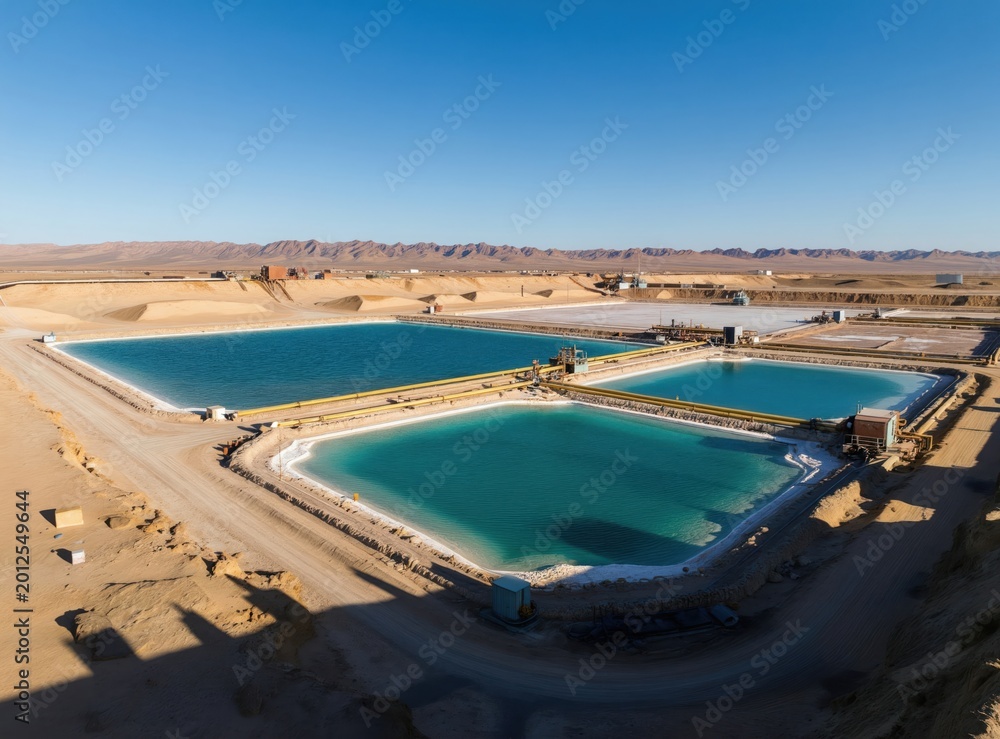 Fototapeta premium Brine pools for lithium extraction sit in desert landscape. Turquoise water holds mineral salts. Industrial facility extracts valuable metal. Mining operation on arid terrain.