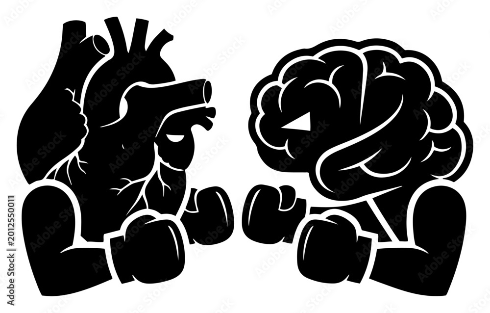 Fototapeta premium Anatomical heart and brain wearing boxing gloves fighting each other in minimalist silhouette style