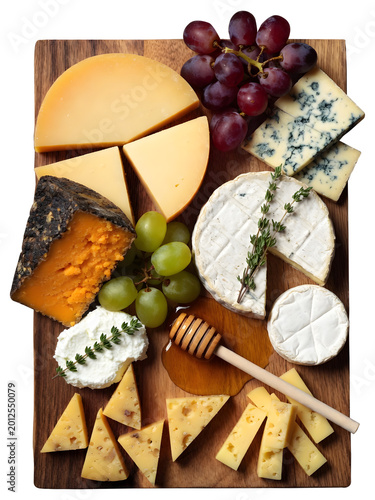 Bild auf Leinwand Gourmet cheese board with assorted brie, cheddar and blue cheese
