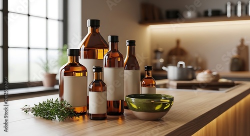 Aromatic Kitchen Scene - Bottles, Herbs, and Bowl on Wooden Countertop.