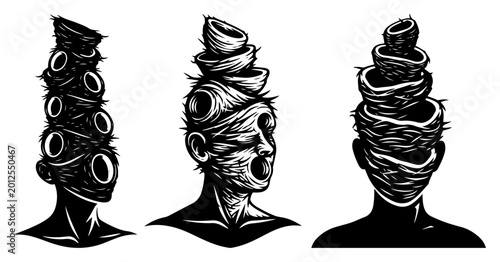 Schilderij op canvas Human heads wrapped in bird nests in surreal macabre stencil style