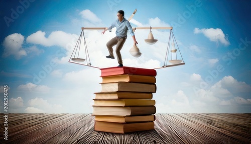 Balancing Act - Man on Books with Scales of Justice Above.