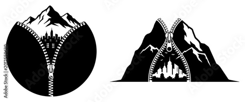Schilderij op canvas Mountain range opening via zipper to reveal city buildings in minimalist silhoue