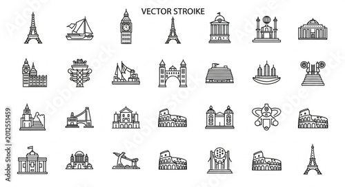 Black and white landmarks icons set.