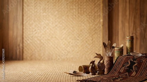 Ornate Gawai Dayak Festival Background with Traditional Tribal Motifs, Ethnic Bornean Patterns, and Rich Earthy Colors under Warm Atmospheric Lighting