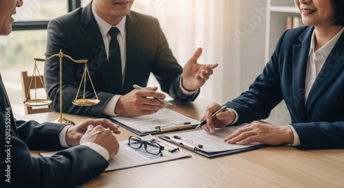 Professionals in a legal consultation discussing documents and contracts, representing justice and expert advice.