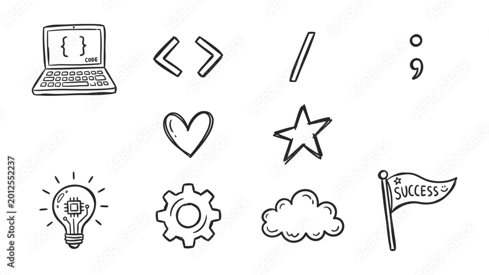 Fototapeta premium Code of Innovation: An assortment of line art representing the world of computer science, illustrating the tools and symbols that drive innovation and progress.