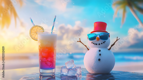 A delicious tropical cocktail next to a snowman on a tropical beach