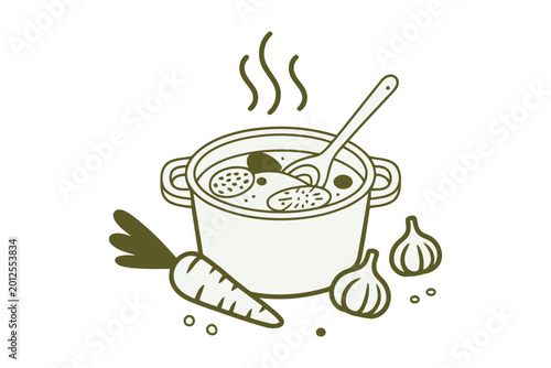 Steaming pot of vegetable soup with carrots and garlic in monochromatic line