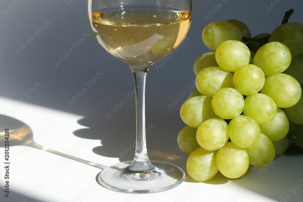 Obraz premium Glass of white Tibaani wine next to fresh green grapes on a table. This Georgian beverage is known for its crisp, dry taste. Perfect for aperitif or pairing with light meals.