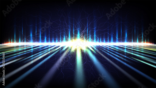 Φωτογραφία Futuristic blue light streaks and glowing horizon high speed data transmission a