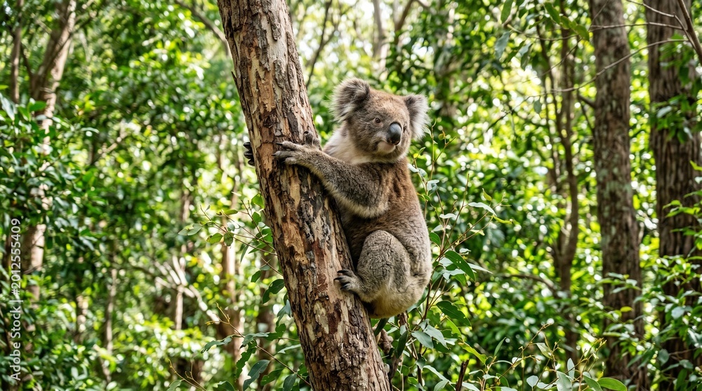 Fototapeta premium Koala climbing eucalyptus tree in lush Australian forest, wildlife nature