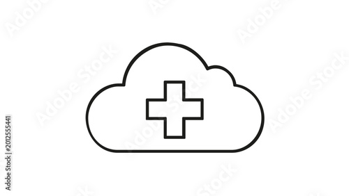 Minimalist healthtech cloud vector icon illustration featuring a medical cross symbol inside a cloud outline. Perfect for digital healthcare, telemedicine, online medical records, and health tech.