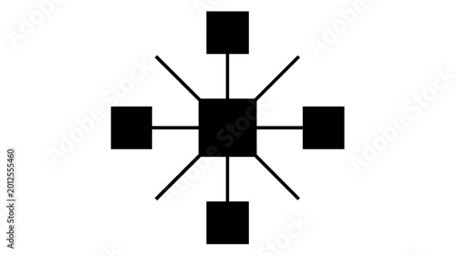 Minimalist microservices architecture vector icon illustration featuring a central hub connected to multiple small squares, ideal for cloud computing, devops, and network infrastructure.
