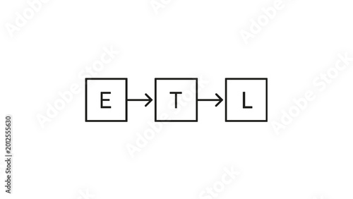 Minimalist ETL process vector icon illustration featuring three connected boxes labeled E, T, and L representing extract, transform, and load data integration workflow in clean line art style.