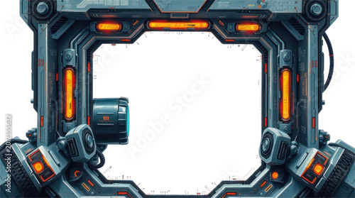 Schilderij op canvas Futuristic Mechanical Border with Vibrant Orange Glow for Modern Sci fi Interfac