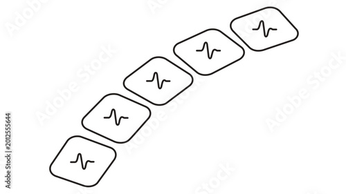 Minimalist vector illustration of a customer journey map featuring a winding path of square icons with pulse lines, representing various touchpoints and business process flow in a clean line style.