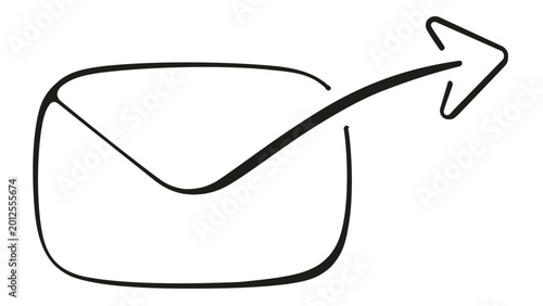 Minimalist hand-drawn vector illustration of an envelope with an arrow pointing out, symbolizing email marketing, sending messages, or digital communication. Clean black line art icon on white.
