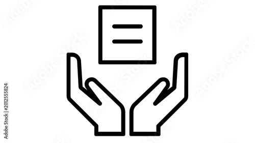 Minimalist vector icon illustration of two hands carefully holding a document or package, symbolizing team collaboration, support, and professional service in a clean, scalable line art style.