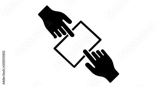 Professional Team Collaboration Vector Icon Illustration Featuring Two Hands Interacting with a Document or Tablet, Symbolizing Partnership, Shared Goals, Business Cooperation, and Synergy.