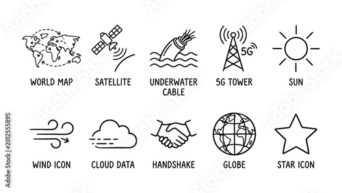 Tableau sur toile World of Communication and Connectivity: A set of interconnected line icons illustrates the modern world's reliance on technology, global networks, and essential elements