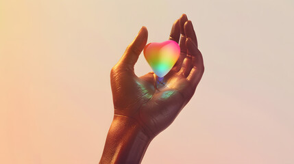 Pride Month concept. Human hand holding glowing rainbow heart on sunset background