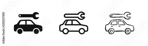 Car repair service icon with wrench tool set in solid, outline and hand-drawn sketch styles for auto maintenance