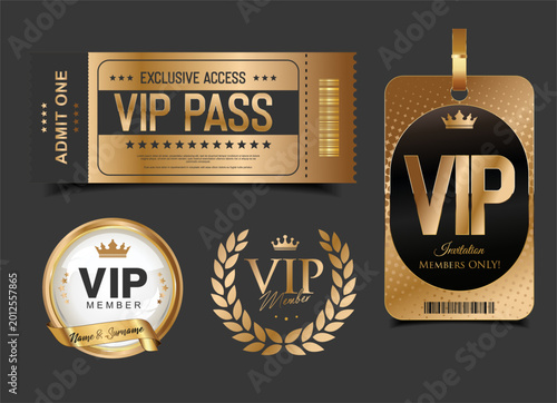 Luxury Gold VIP Access Pass. Elegant Exclusive VIP Access Event Pass Illustration,  Premium VIP card with golden diamond. Luxury design 