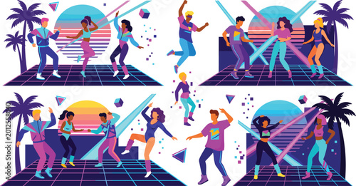 Photography Retro Dance Party Illustration Set Featuring 80s-Inspired Fashion, Neon Lights,