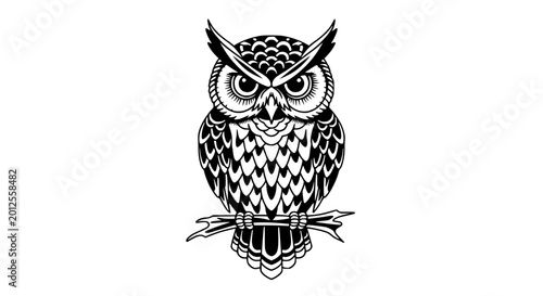Fotografie Black and White Owl Illustration Sitting on Branch